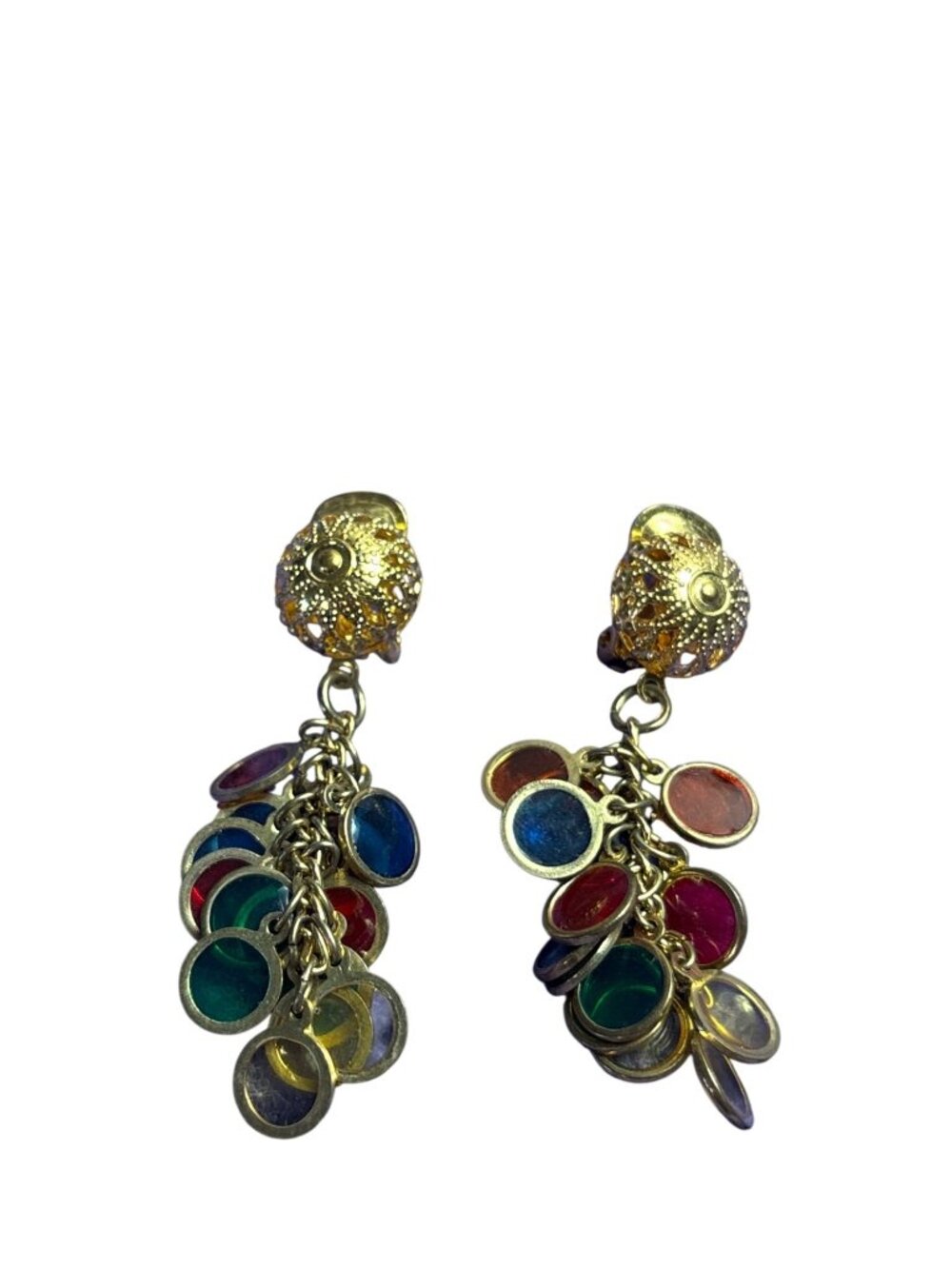 Vtg Clip On Dangle Earrings Goldtone Filigree Multicolor Disks Cluster 2 inches